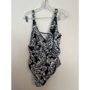 Lauren Ralph Lauren Black and White Paisley Twist-Front One-Piece Swimsuit